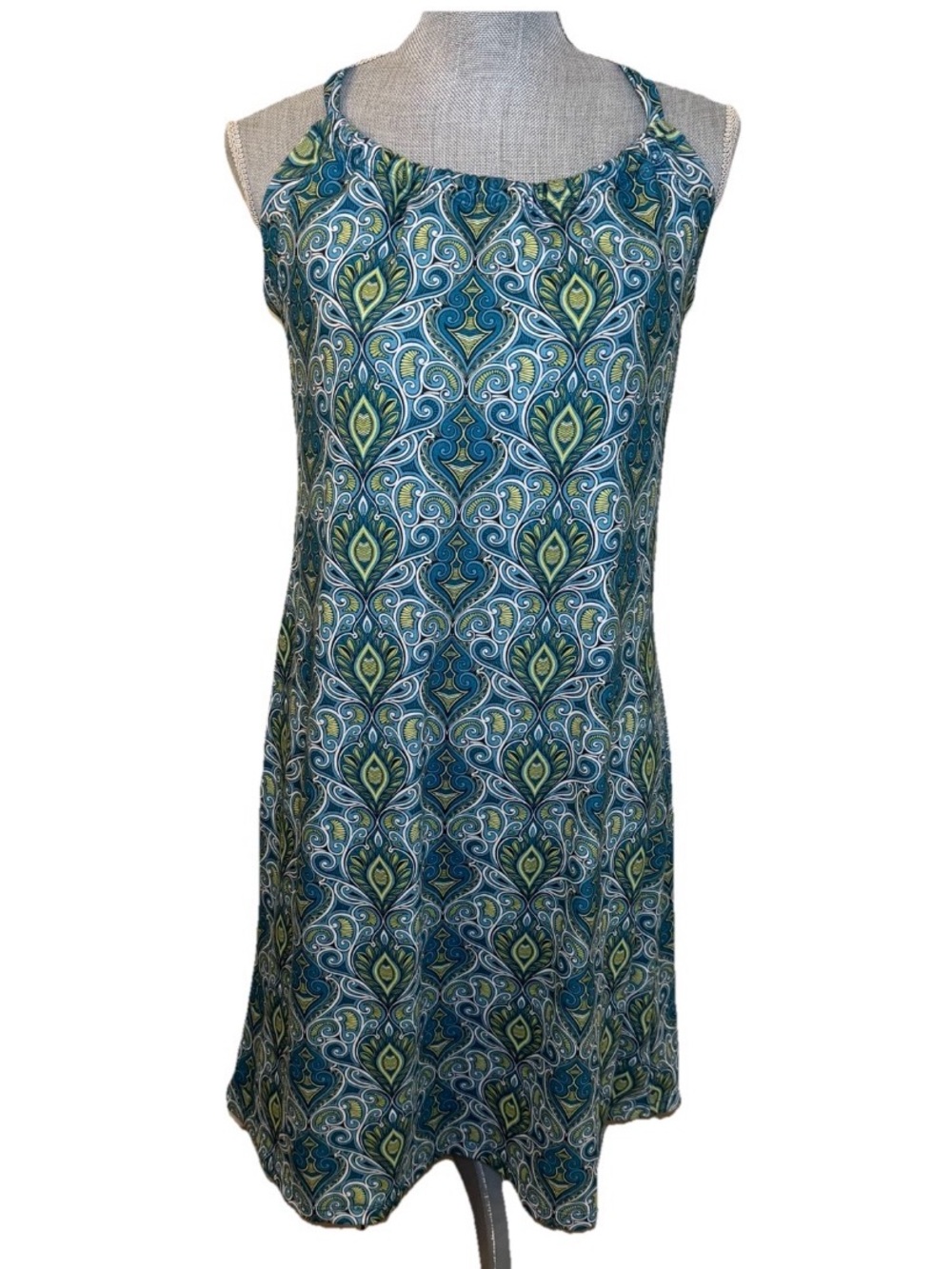 Prana Sleeveless Blue & Green Printed Shift Dress, M